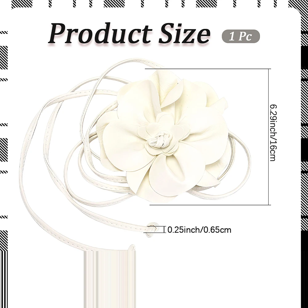 White Boho PU Leather Flower Waist Band 0.3 Inch Skinny Waistband Leather Rope Tassel Thin Elegantes Big Flower Decor Belts Slim