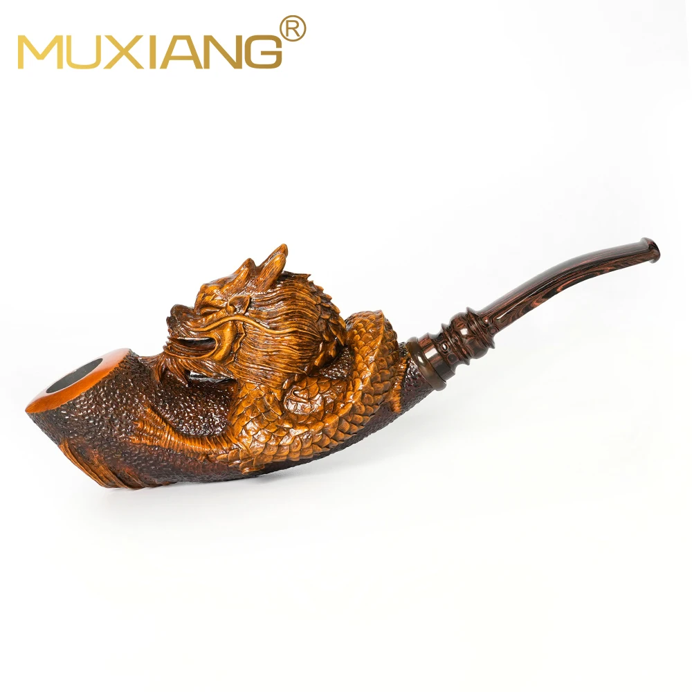 Chinese dragon tobacco pipe, handmade briar bowl, vulcanized rubber mouthpiece, Chinese master carving, large pipe