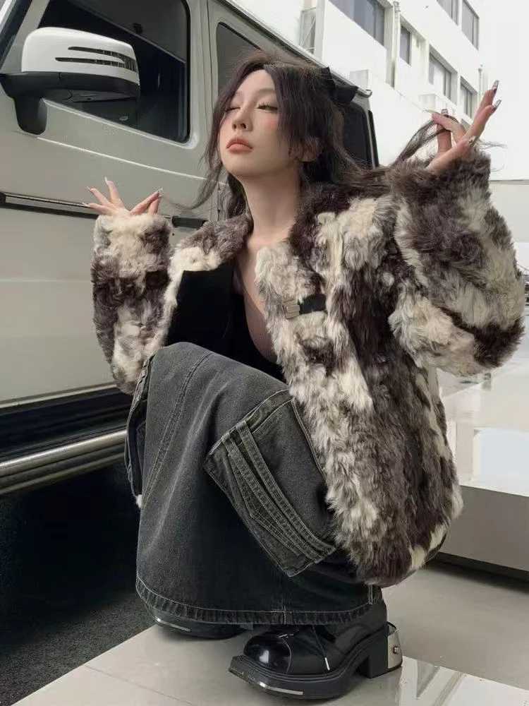 Faux Lamm Mantel Frauen Koreanische Lose Streetwear Alle Spiel Haarigen Pelz Crop Oberbekleidung Y2K Weibliche Herbst Winter Tie Dye Dicke Warme Mantel