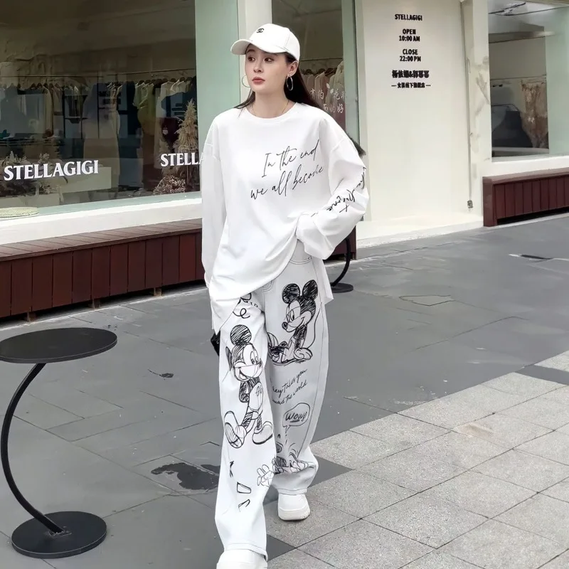 

Women's Cartoon Mickey Graffiti Straight Leg Jeans Spring Autumn Vintage Off-White Versatile Casual Drape Scooped Leg Pants