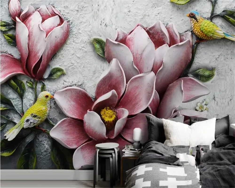 

Custom wallpaper 3D relief flowers and birds wall background home decor living room bedroom tv sofa murals 3d wallpaper