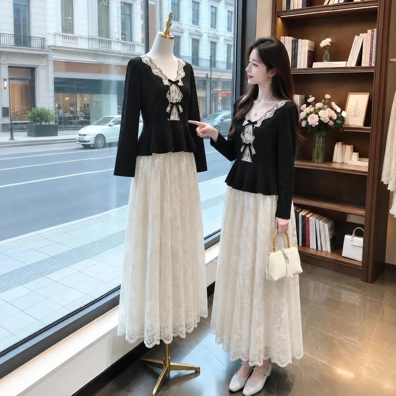 Southeast Asian Women's Fashion High Waist Long Sleeve V-Neck Lace Patchwork  Knot Top And Skirt Two-Piece Set