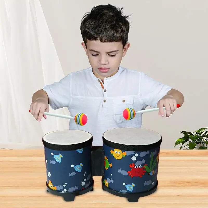 Bongo Drum-Instrument de musique en bois avec 2 baguettes colorées, jouet musical mignon, cadeau de Noël et d'anniversaire