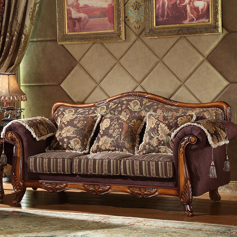 HYS European fabric sofa solid wood carving flower American small apartment living room home combination log color sofa