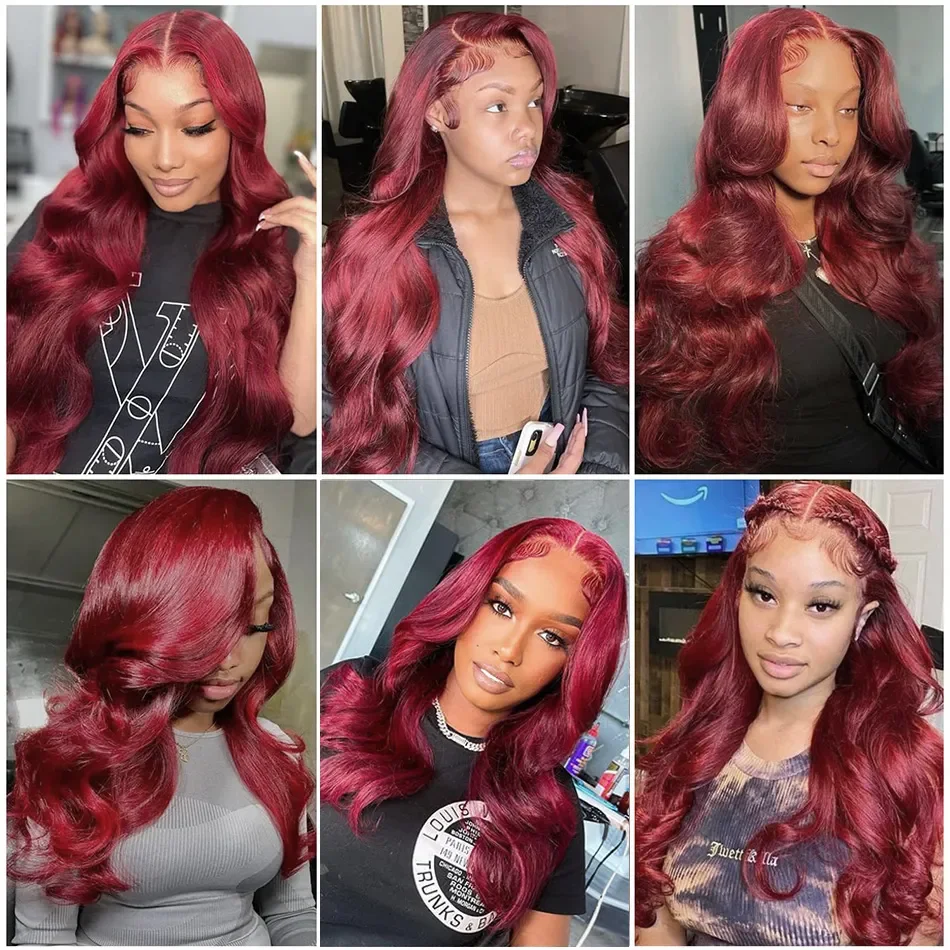 Perruque Lace Front Wig Body Wave brésilienne naturelle, cheveux humains, couleur bordeaux 99J, 13x4 HD, pre-plucked, 30 pouces, pour femmes