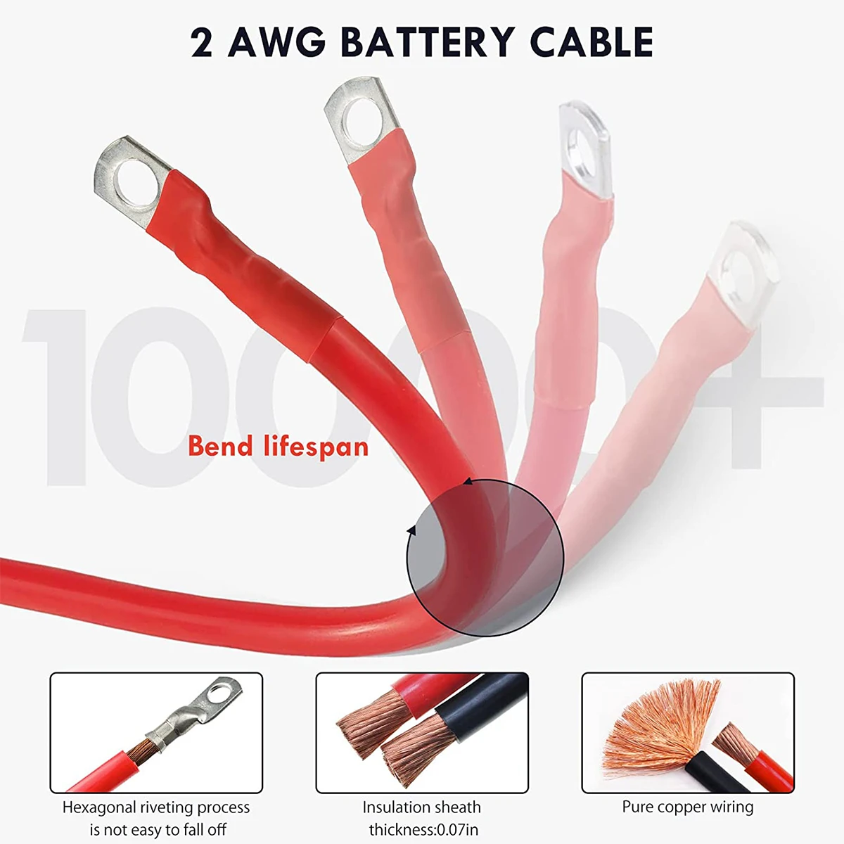 2AWG 2inch Gauge Battery Cable Set Durable Battery Power Inverter Cable Professional Copper Power Inverter Wire for Car Boat