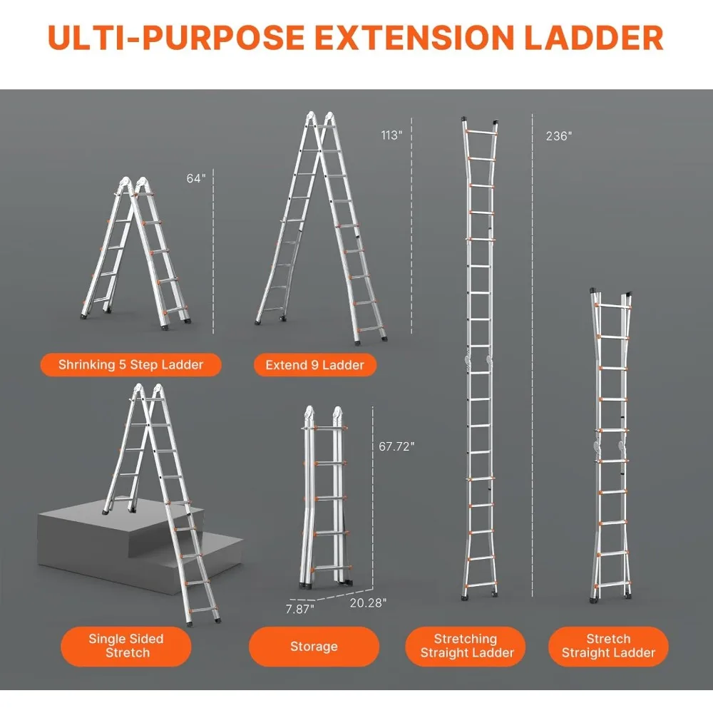 Escalera telescópica de aluminio con estructura en A VEVOR de 20 pies, plegable y portátil para vehículos recreativos y uso multifunción