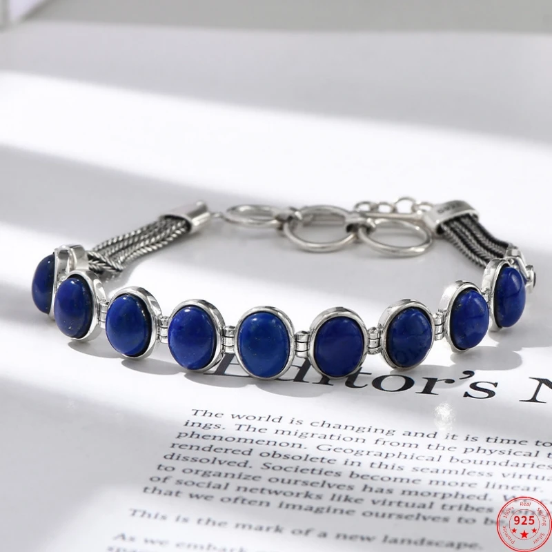 

S925 Sterling Silver Charms Bracelets for Women New Fashion Inlaid Oval Lapis Lazuli Horsewhip-chain Crystal Ancient Jewelry