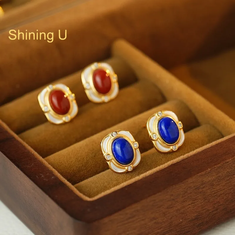 Shining U 925 Sterling Silver Oval Agate Lapis Lazuli Stud Earrings for Women Fine Jewelry Summer