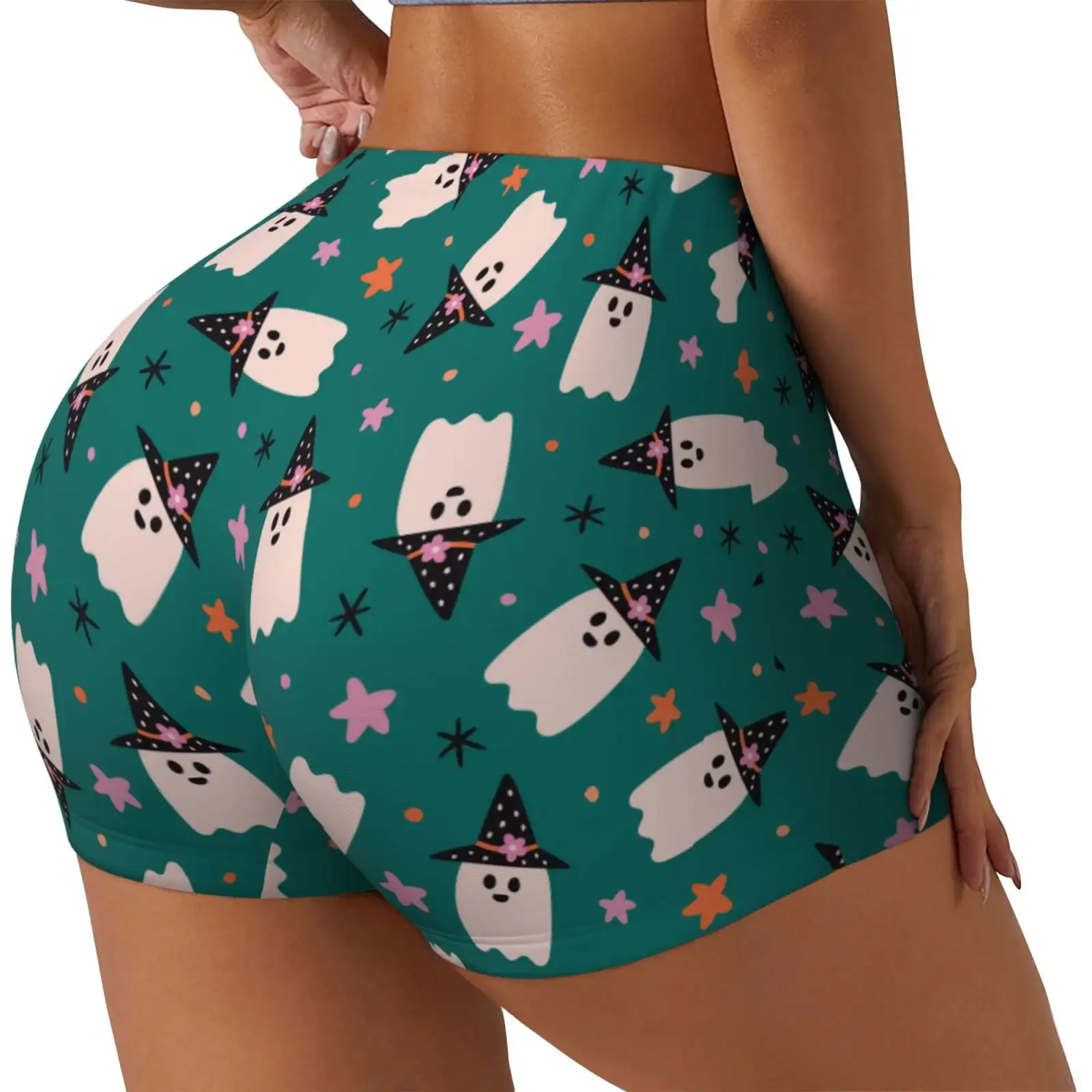 Halloween Ghosts Print Workout Shorts for Women Seamless Soft Smooth Gym Yoga Scrunch Active Shorts