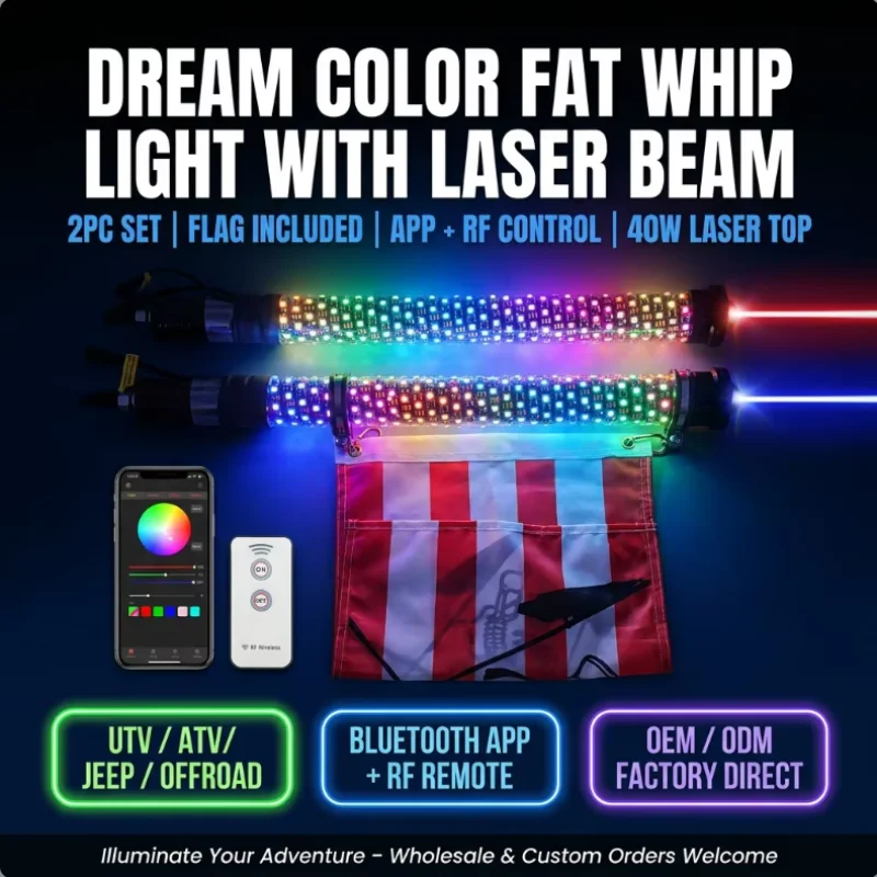 Off Road Whip Lights 3FT 2PC RGBW Magic Color 5050 Diode DC12V Wireless Remote Sand Rail Buggy 40W Laser Beam Light