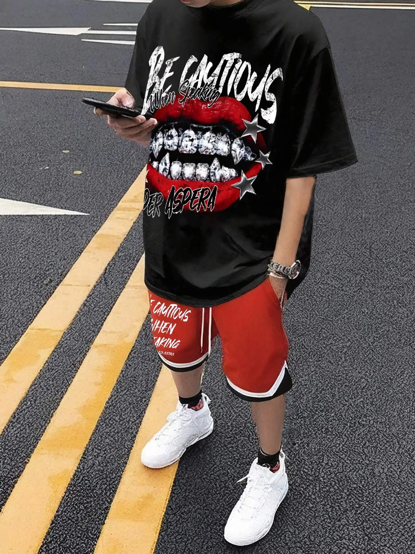 

Men's Sports Summer Set Breathable Sweat Wicking Alphabet Print Streetwear T-shirt Mid Length Drawstring Shorts With Pocket