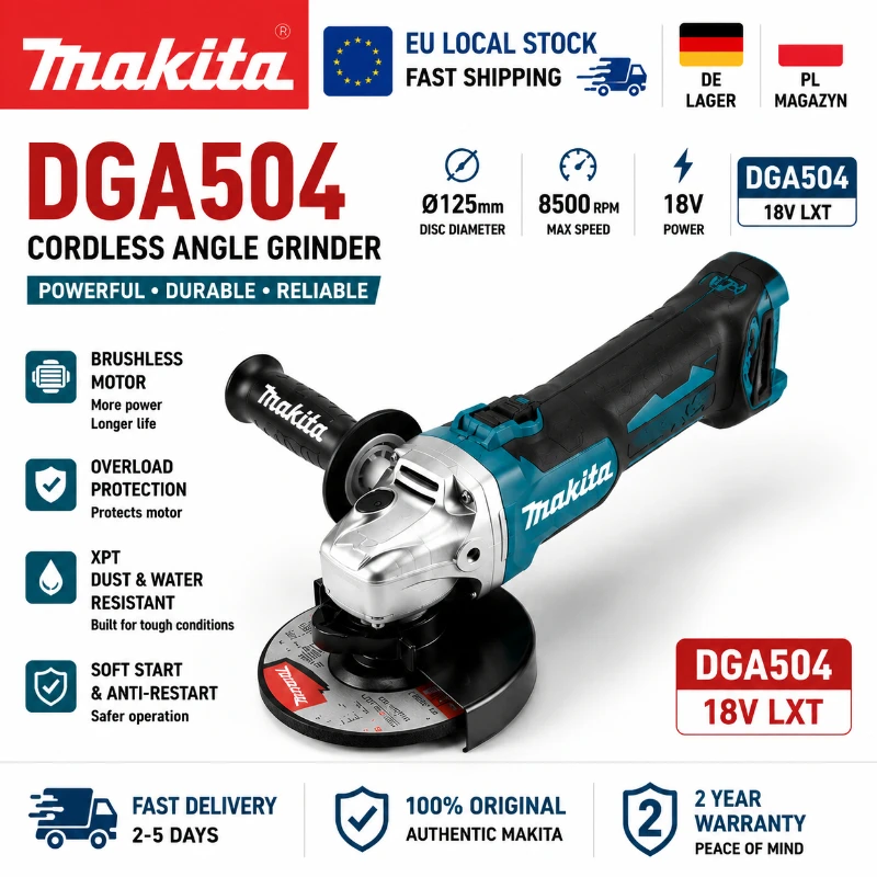 Original Makita DGA504 18V 125mm Bürstenloser Akku-Winkelschleifer (ohne Akku) LXT Elektrowerkzeug EU Lagerbestand Schneller Versand Kompatibel mit 6.0Ah BL1830 BL1840 BL1850 BL1860B 18V Akkus