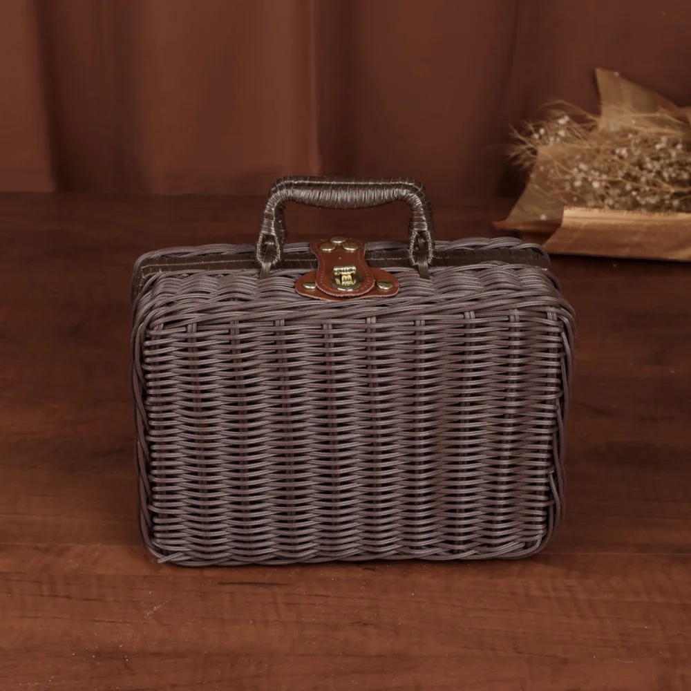 

Simulation Weave Rattan Storage Box Household with Handle Picnic Woven Baskets Retro Jewelry Cosmetic Storage Case Picnic