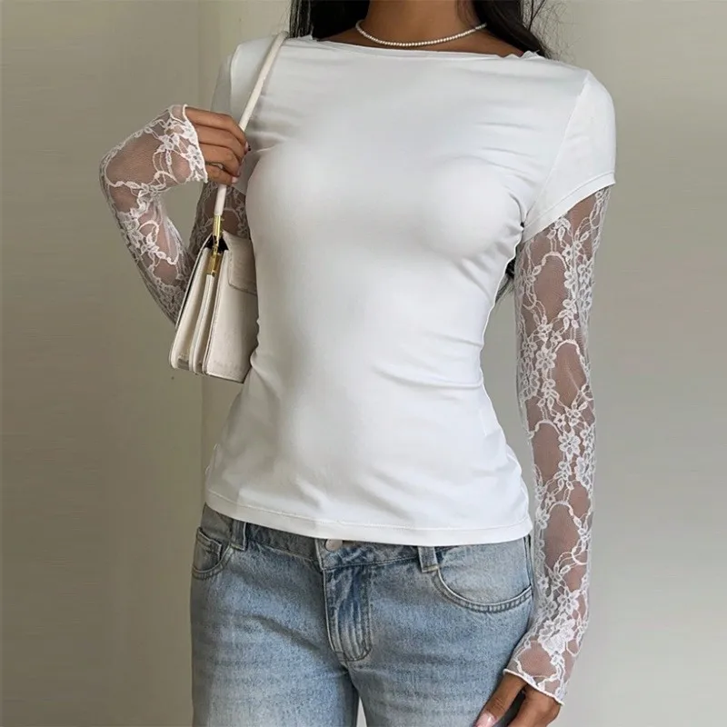 Spring Summer T Shirt Sheer Lace Spliced Slim Fit Round Neck T Shirts Floral Lace Mesh Overlay Top Pullover Long Sleeve T Shirt