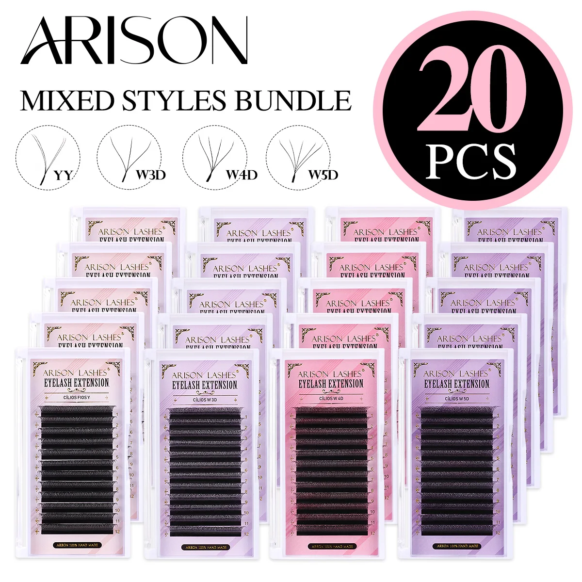 ARISON 20 Boxes Volume Eyelashes Extensions YY 3D 4D 5D Premade Fans Mixed Style Lashes Wholesale Tray Bundle