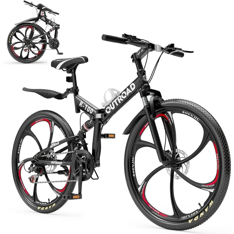 Bicicleta de montaña plegable de 26 pulgadas, bicicleta de suspensión total de 21 velocidades con acero rico en carbono, freno de disco doble antideslizante rápido