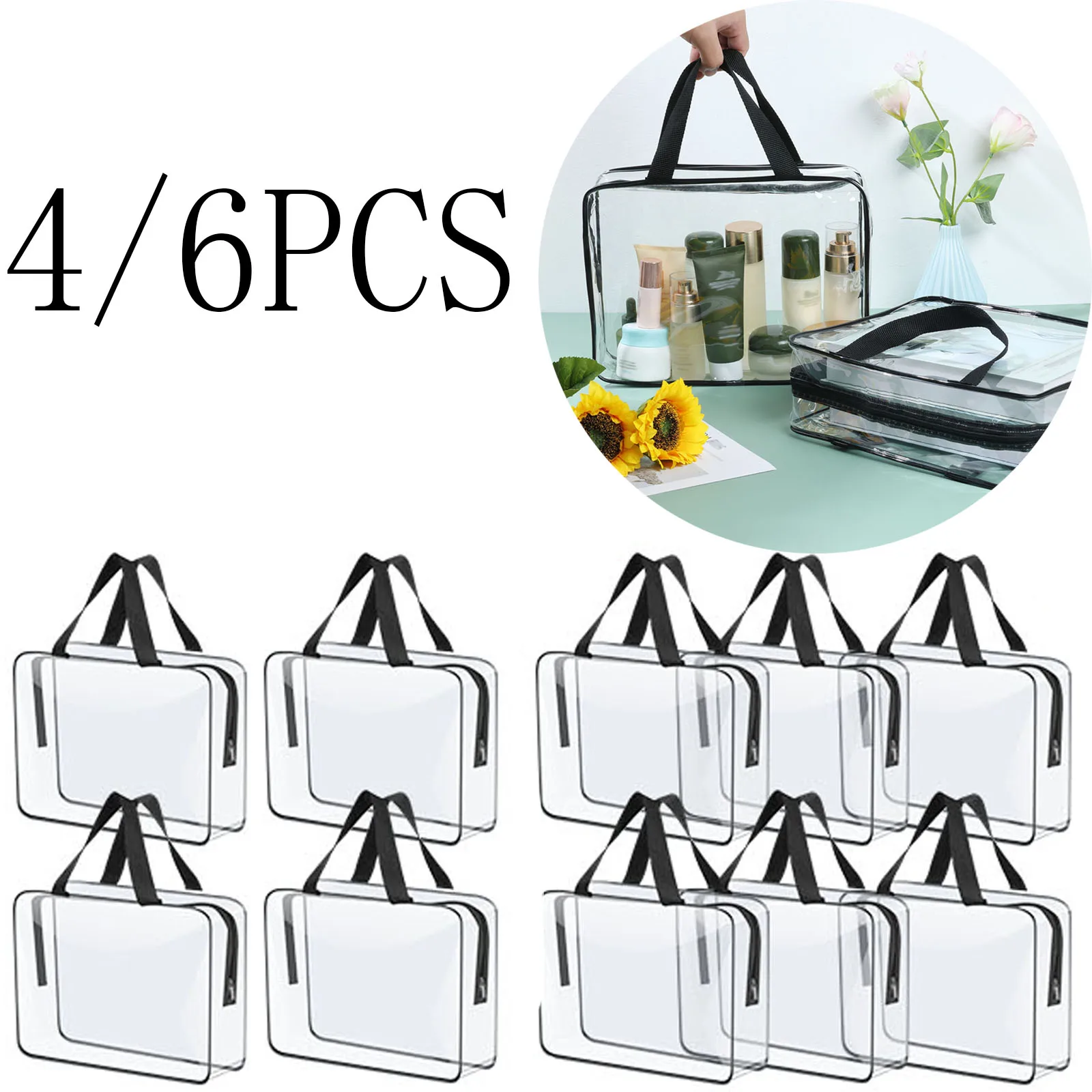 

4/6Pcs Clear PVC Toy Organizing Bags Large Capacity Waterproof Cosmetics Storage Bags with Zipper for Travel Washing Household