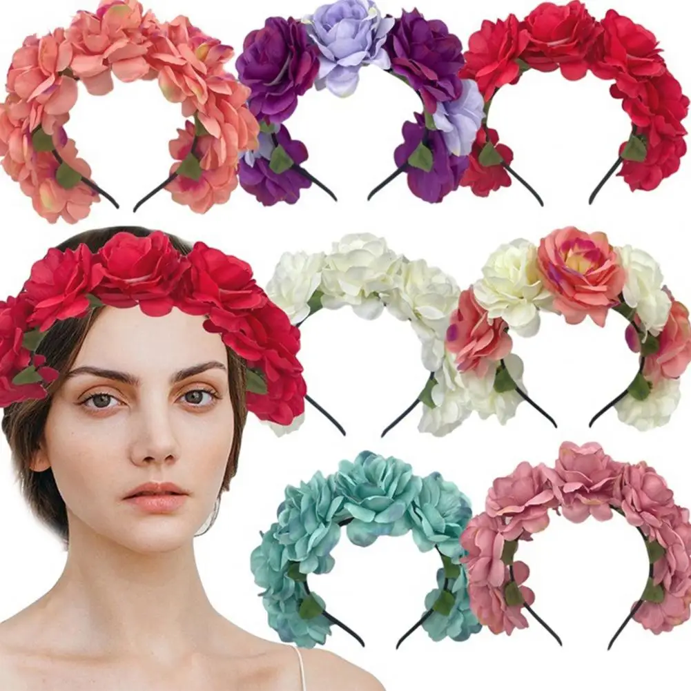 False Flower Headband Retro Imitation Rose Flower Headband Day of Dead Mexican Flower Crown Headpiece with Black Women\'s Party