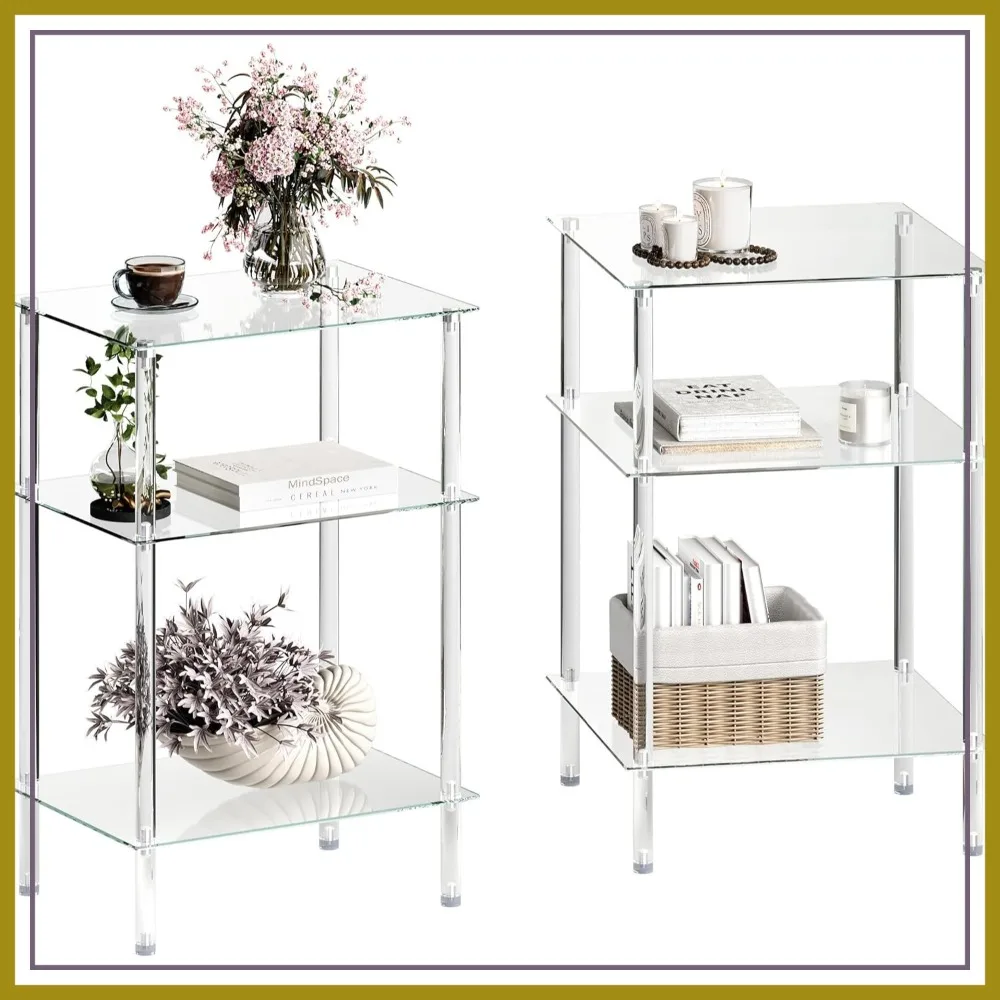 

Acrylic End Tables Set of 2, 3-Tier Tempered Glass Side Tables for Small Spaces, Clear Nightstands for Living Room Bedroom