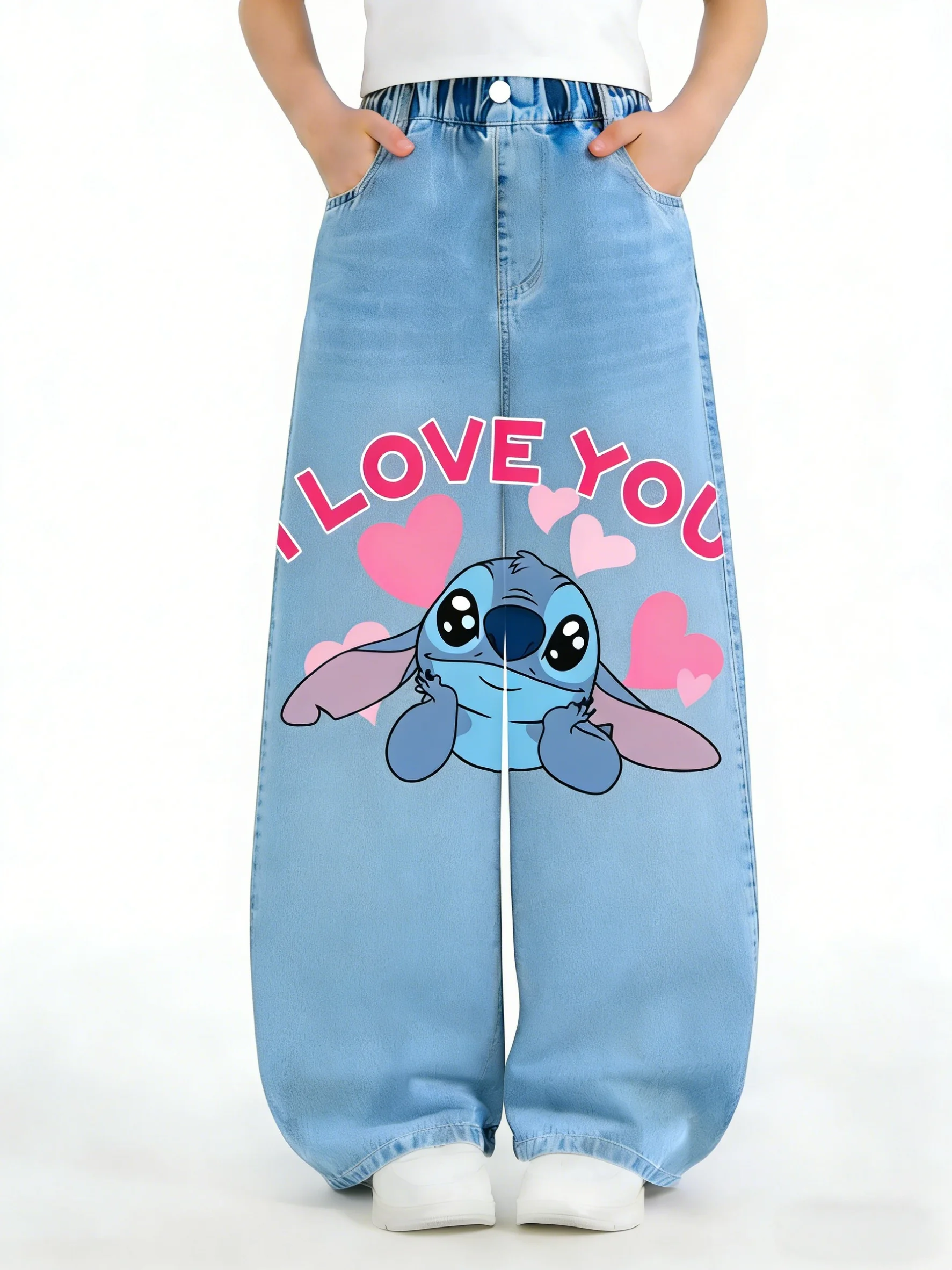 

New Stitch Heart Disney Official Girls' Denim Jeans, Stretch Slim Fit Long Pants, Girls' Casual Pants