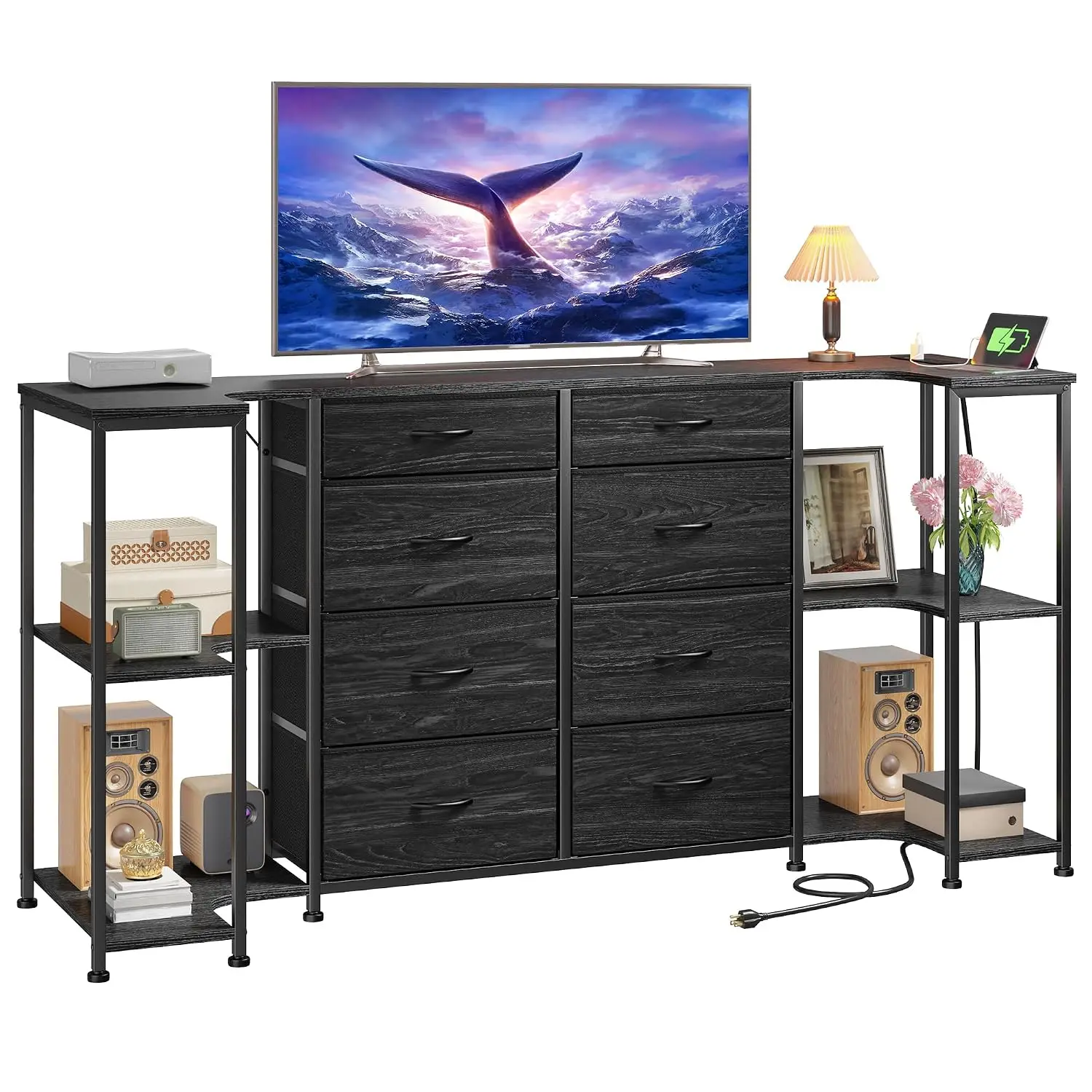 TV Stand with Power Outlets 8 Drawer for 55/65/75