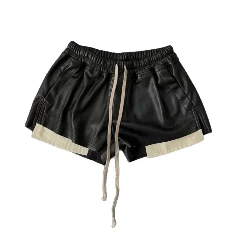 Summer Women's PU Leather Shorts Dark Retro Side Split Color Block Elastic Waisted Drawstring Hot Shorts Female Clothing