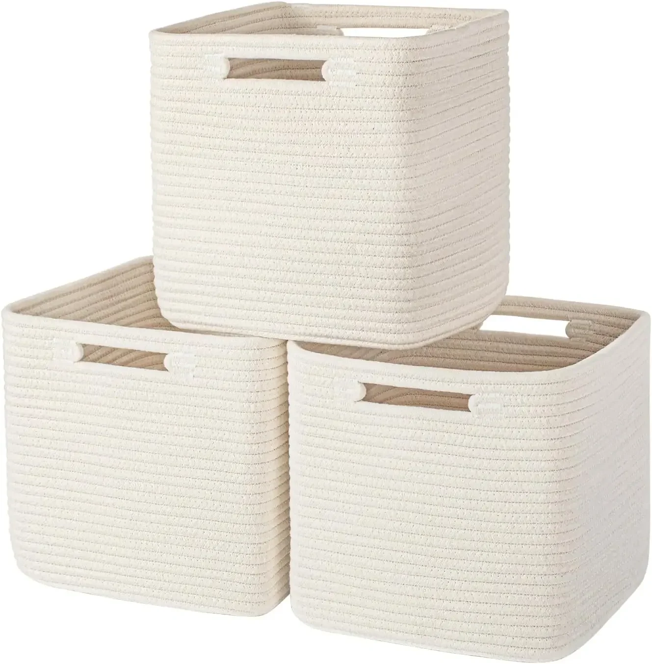 

Hand Woven Cotton Storage Basket Foldable Cube Organizer with Handles Boho Farmhouse Style Beige