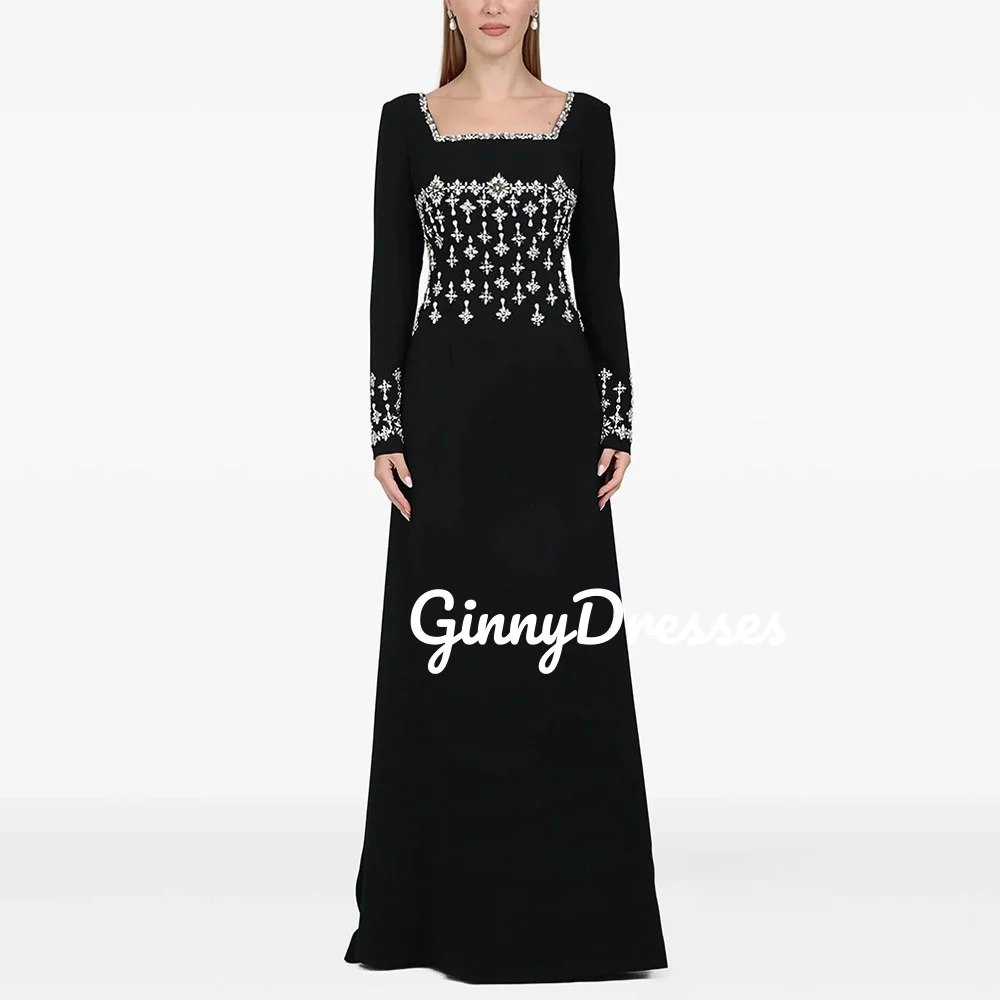 

Настроить черные роскошные вечерние платья трапециевидной формы с квадратным вырезом длиной до пола, платья для выпускного вечера с бисером и длинными рукавами на молнии, свадьба