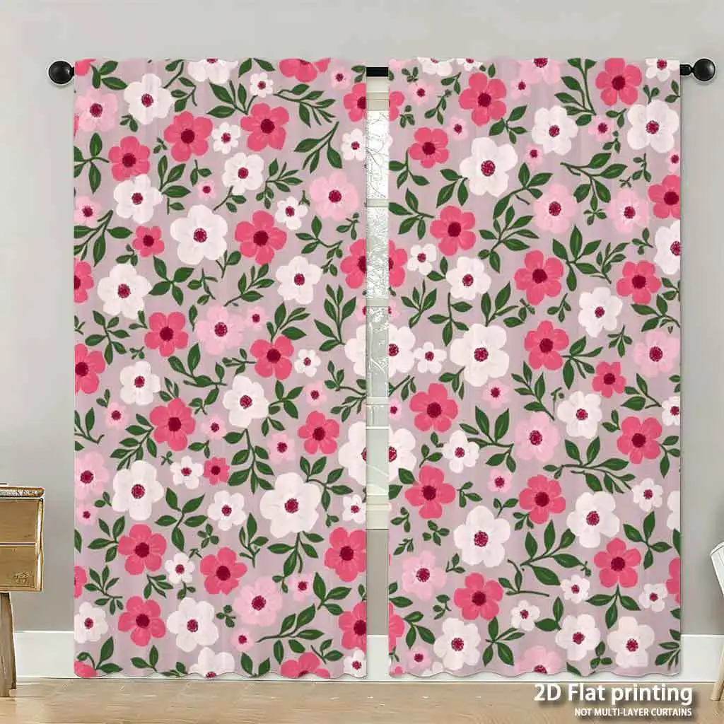 2pc Blush Pink Floral Pattern Curtains Romantic Cottagecore Window Panels Decorative Curtain for Bedroom and Living Room Home De