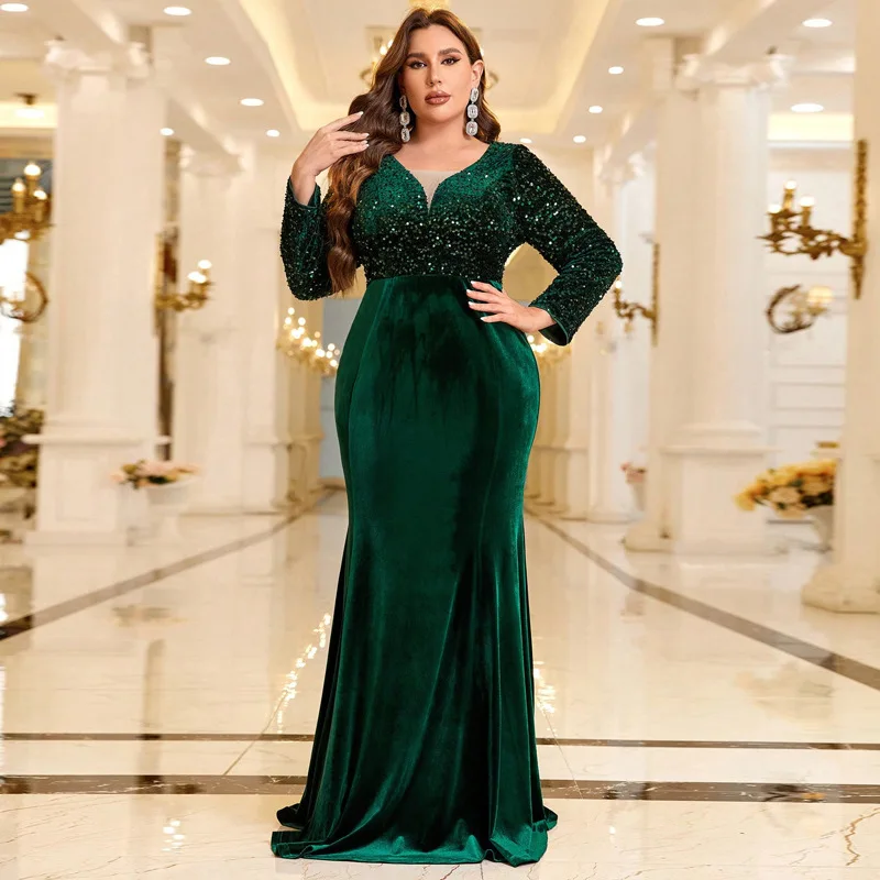 Plus Size Women Evening Dress V-neck Tight Sequin Sexy Mermaid Ball Women's Formal Dress