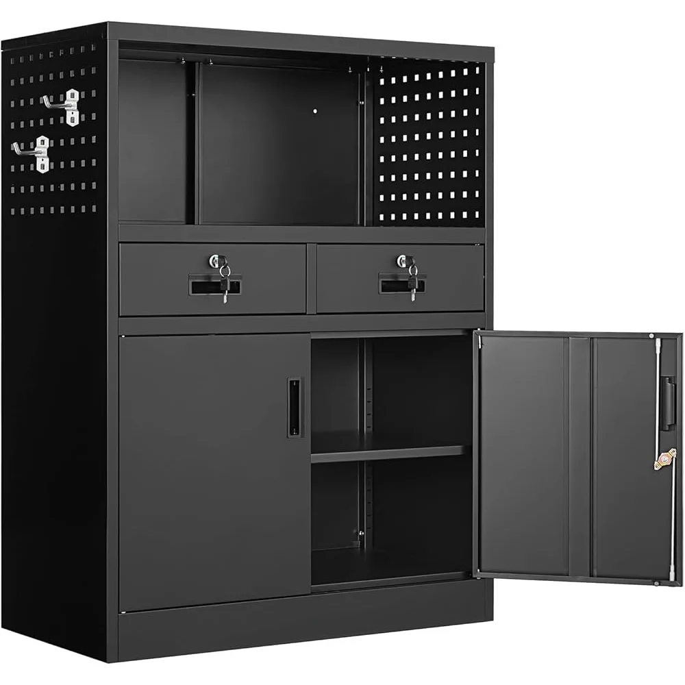 

Metal Storage Cabinet Lockable with 2 Drawers Adjustable Shelves Sturdy Steel Office Home Garage Organizer Durable Safe Space