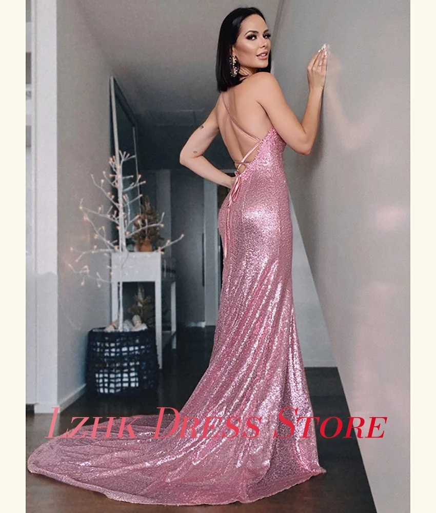 Personalizado de luxo lantejoulas apliques sereia cintas espaguete vestido noite alta qualidade querida sem mangas vestidos festa