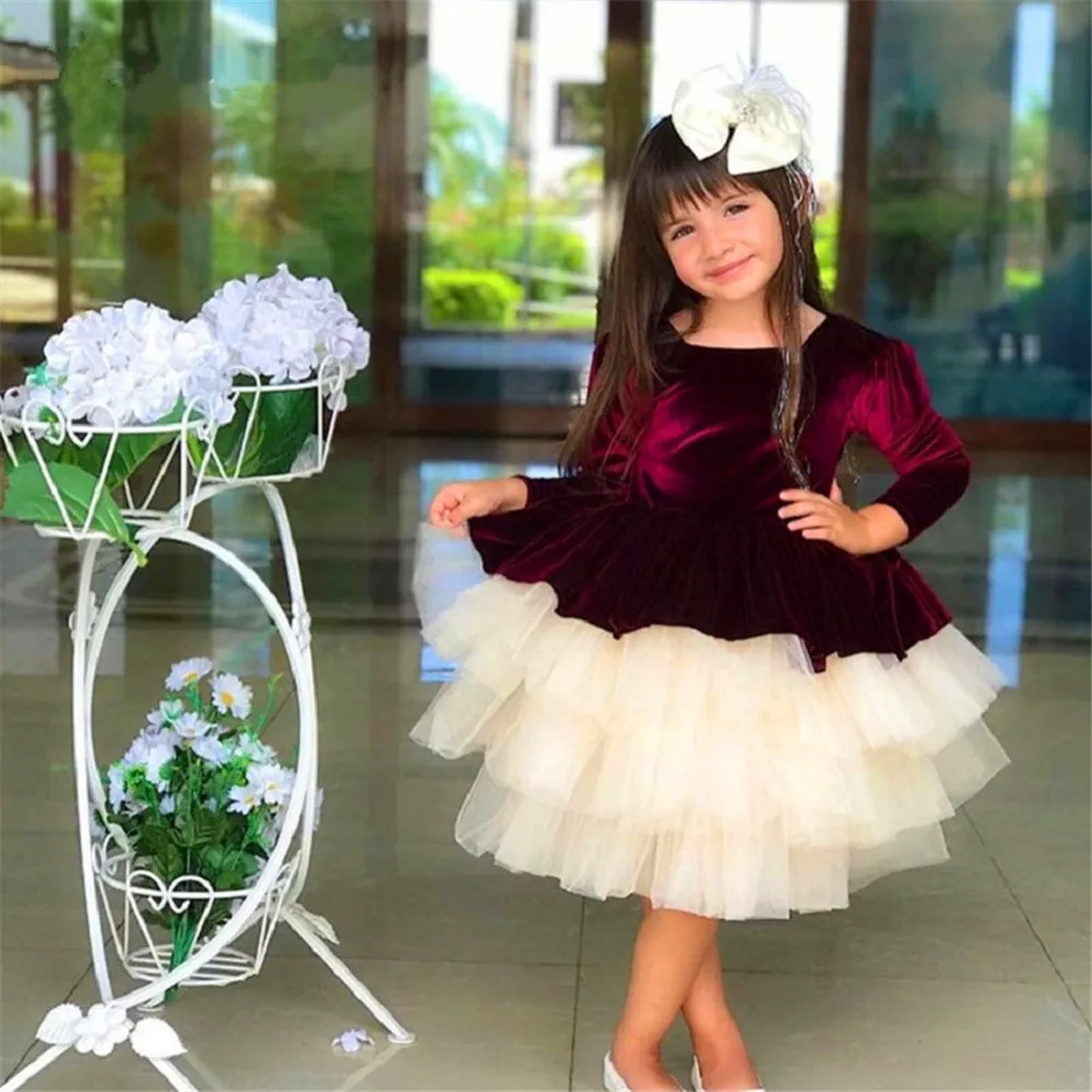 

Velvet Fluffy Flower Girl Dress For Wedding Layered Tulle Puffy Long Sleeves Ball First Communion Kids Birthday Party Gowns