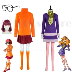 Velma Cosplay Outfit Uniform Wig Anime Woman Daphne Orange Top Skirt Socks Glasses Halloween Costume Set Girls Party Role play