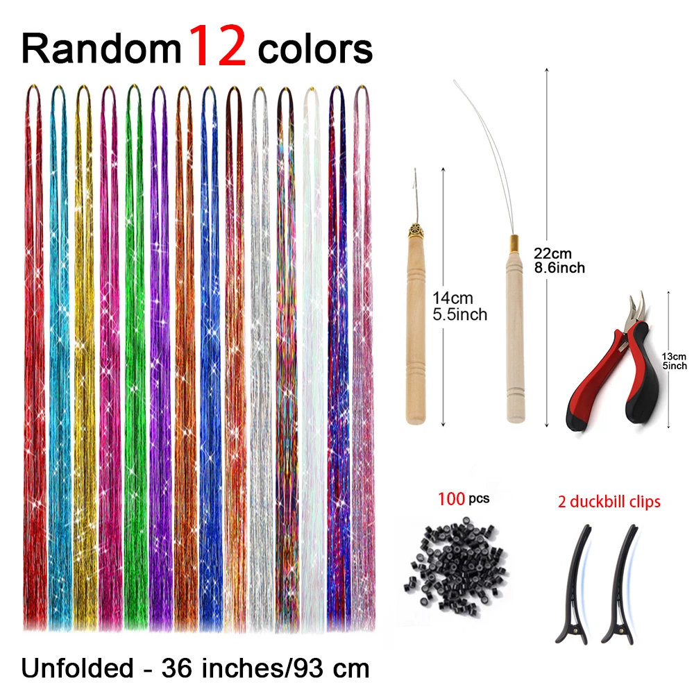 Hair Tinsel Kit (36 Inch, 12Colors/12Colors With Tools) Sparkle Hair Tinsel With Tools Multi-color Colors 36 Inch Glitter Fairy