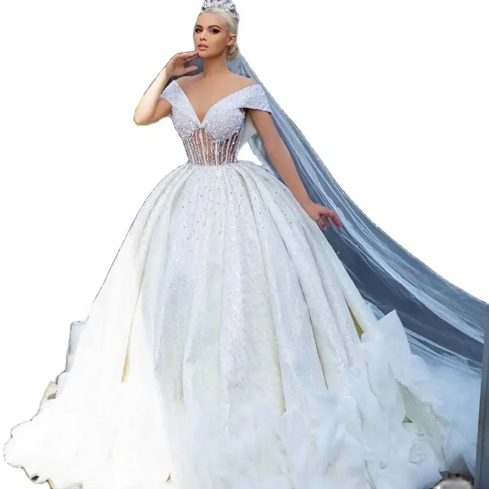 Customized  V Neck Heavy Crystals Beaded Ballgown Wedding Dresses Sweep Train See Through Backless Off The Shoulder Bridal Gowns