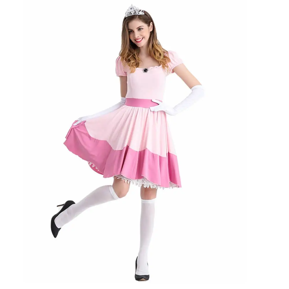 Disfraz de princesa Cos para mujer, traje de Cosplay de melocotón, vestido de niña, guantes, traje de Carnaval de Halloween, vestido rosa