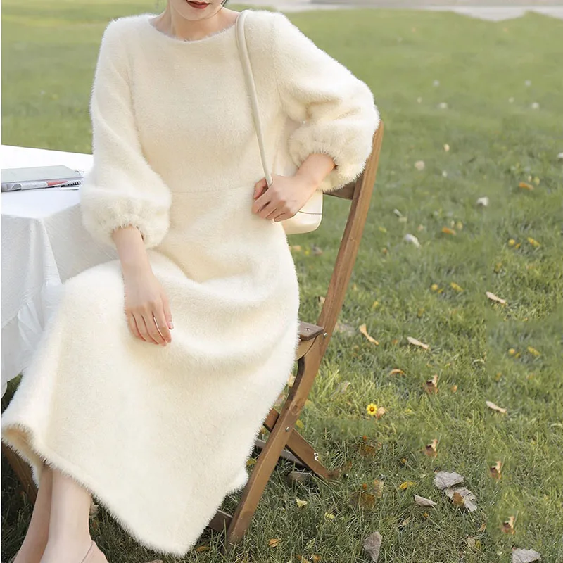 Women\'s Winter Clothing 2024 Imitation Mink Wool Dress Thick Warm O-neck Sweater Dress  A- Line Pullover Dresses Female Casual