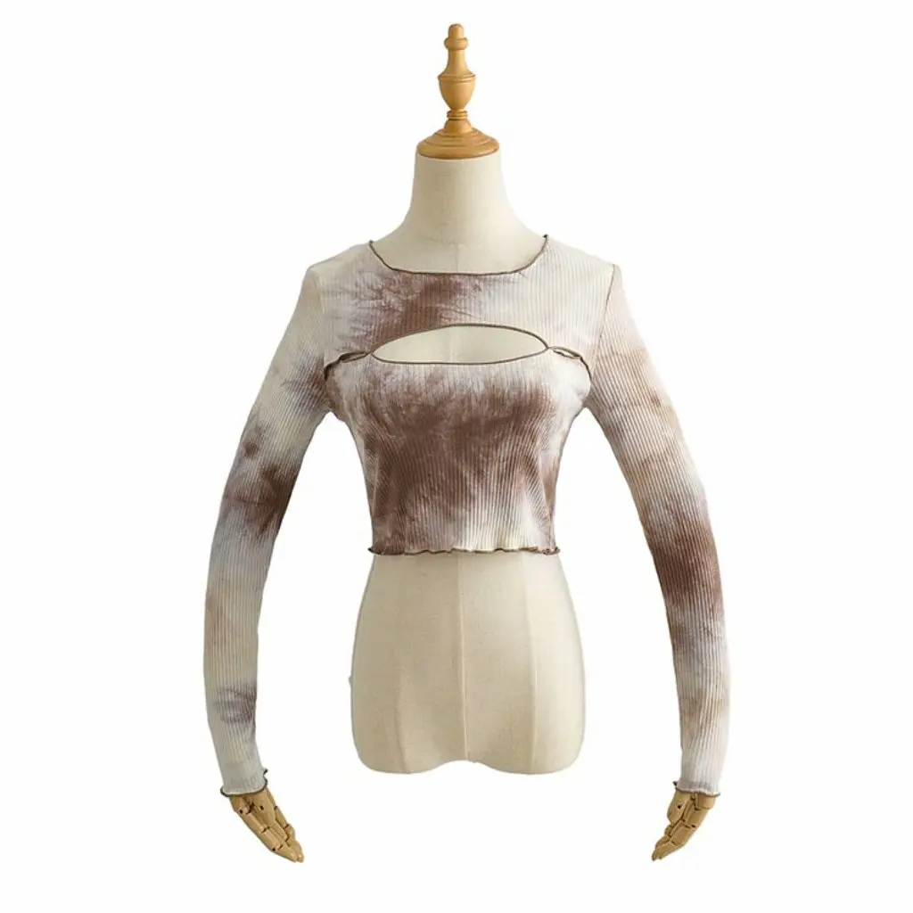 

YPFF Women's Slim Fit Long-Sleeved T-Shirt Tie-Dye Design Crew Neck Hollow Front Summer Top Simple Slimming Fashion