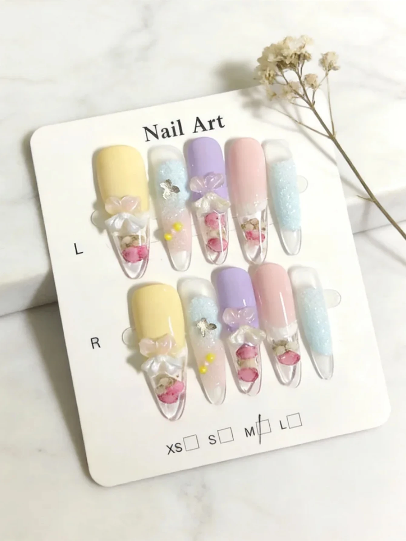 10/20 pieces of hand pressed fake nails, macaron long pointed almond wearing armor, butterfly flowers, suitable for women and gi