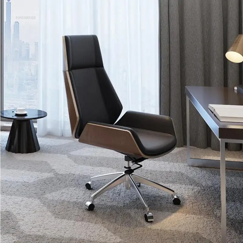 

Modern Wooden Swivel Chair Home Leisure Leather Computer Chair Luxury Gaming High Back Pulley Office Chairs Bedroom Furniture