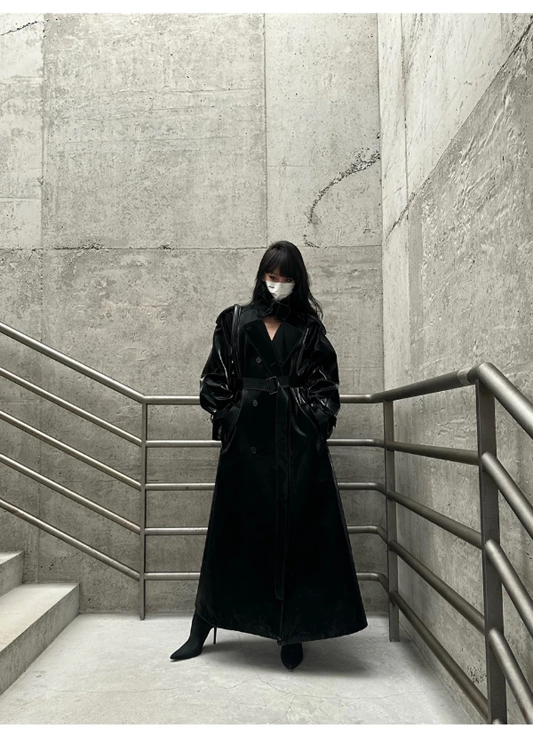 Lautaro Spring Autumn Extra Long Oversized Cool Reflective Shiny Black Patent Leather Trench Coat for Women Belt Runway Fashion