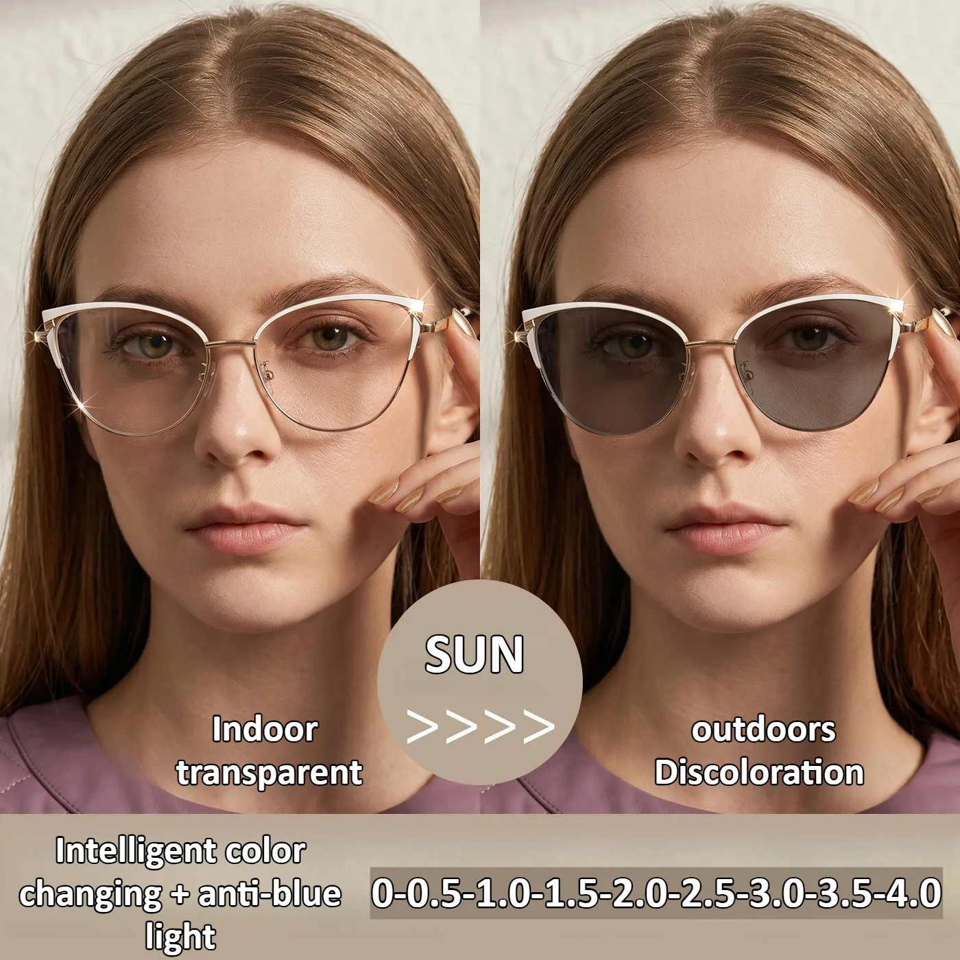 Women Cat Eye Photochromic Myopia Glasses Metal Frame Clear Lenses Color Changing with Sun Minus Diopter -1.0-1.5-2.0-2.5-3.5-4.