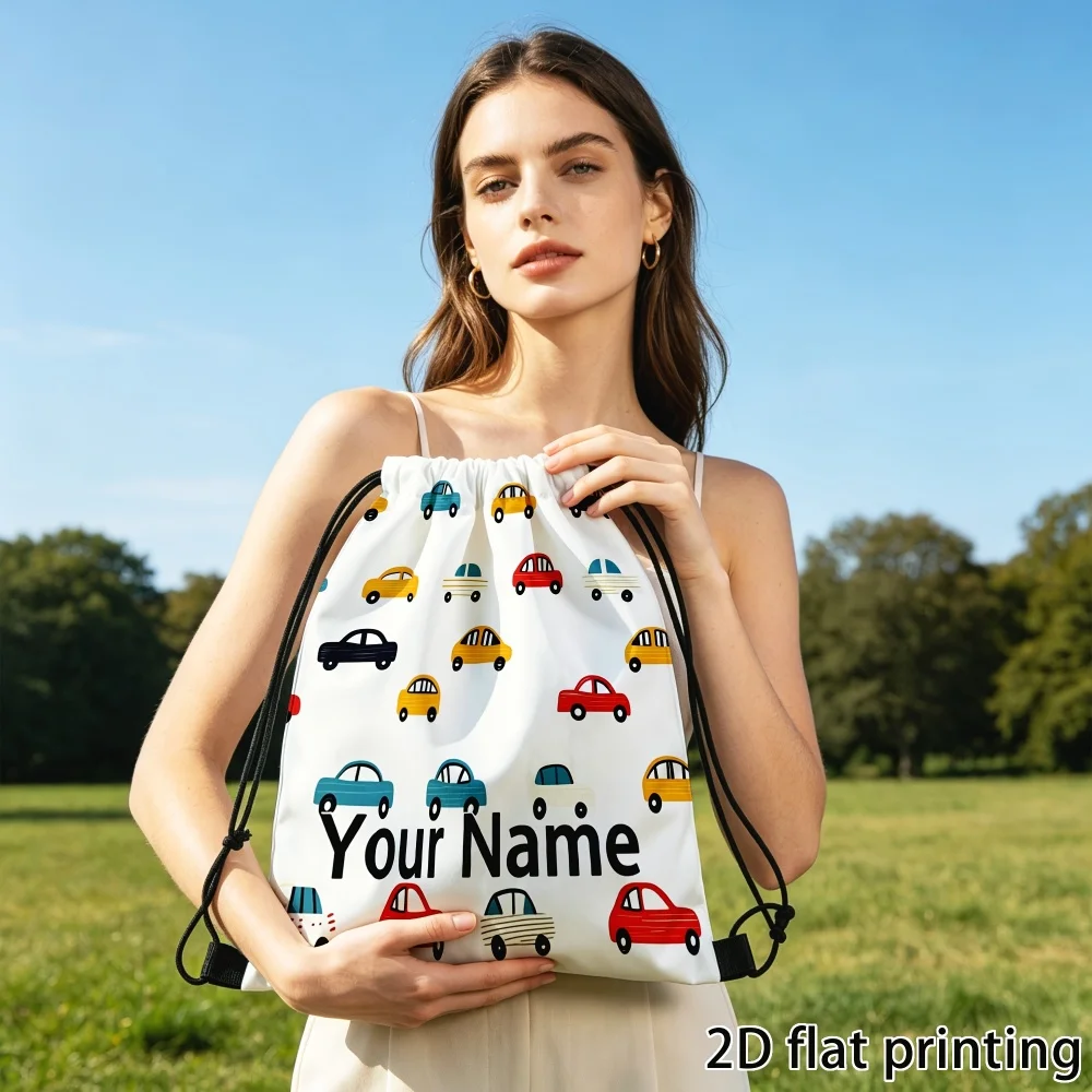 1Pc Custom Name/Text Cartoon Car Design Drawstring Backpack, Lightweight Sport Bags, Gym Storage Bag, Outdoor Travel Rucksack