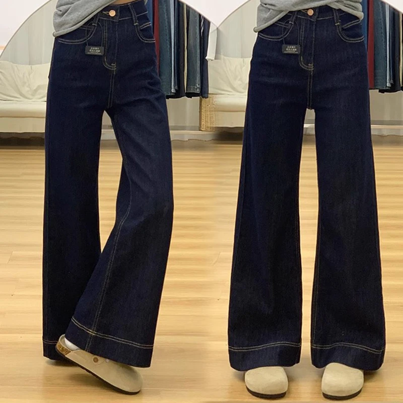 Deep Blue Fce Lined Wide Leg Denim Jeans Women's High Waist Slimming Drapey Warm Floor Length Pants Casual Sle