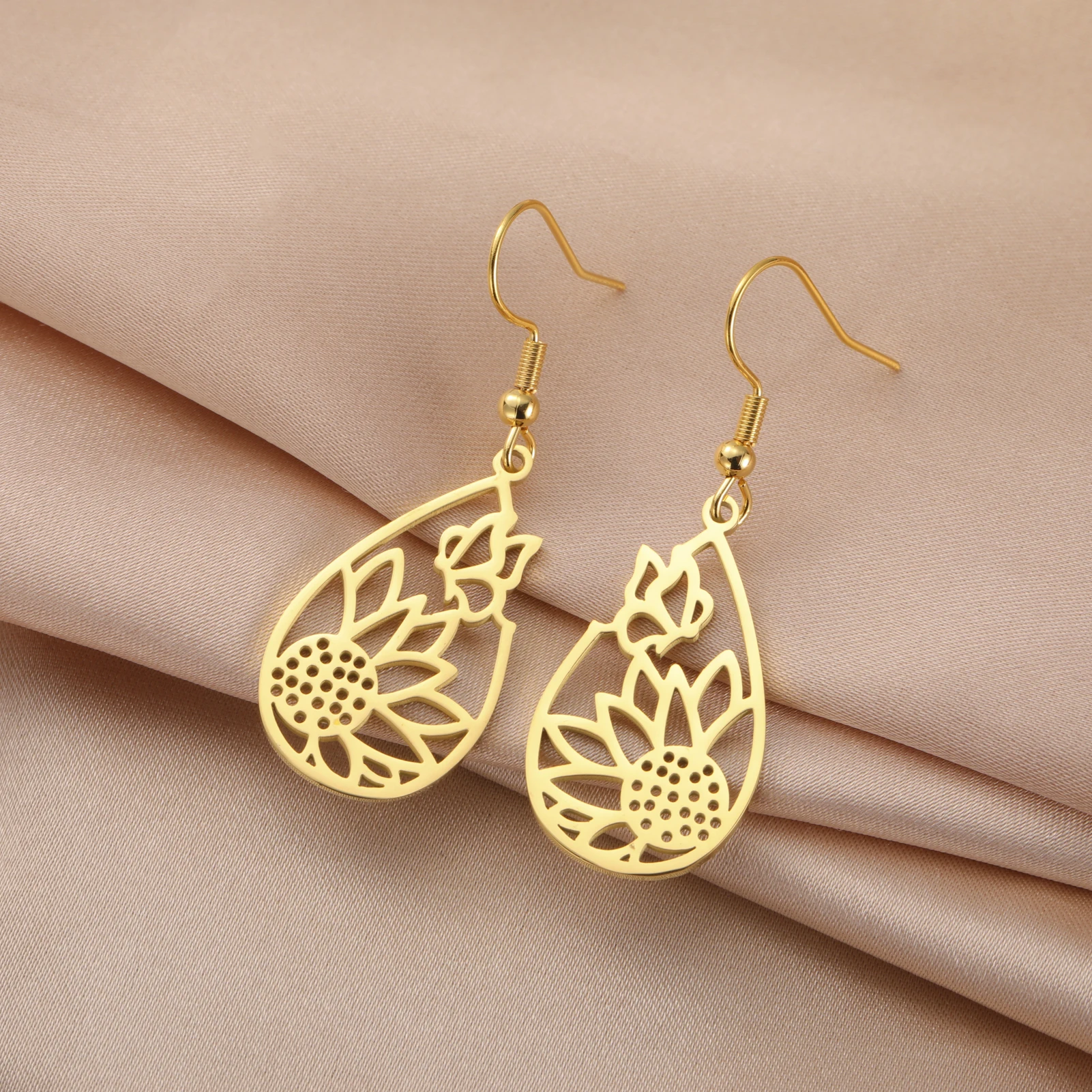 Skyrim Sunflower Butterfly Teardrop Pendant Earring Women Girls Stainless Steel Gold Color Earrings Jewelry Valentine's Day Gift