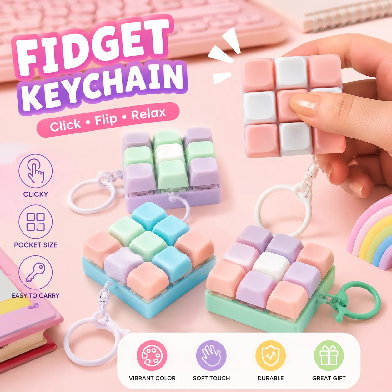 Mechanical Keyboard Keychain 9-Key Clicky Button DIY Keycap Keyring Mini Desk Accessory Portable Pendant
