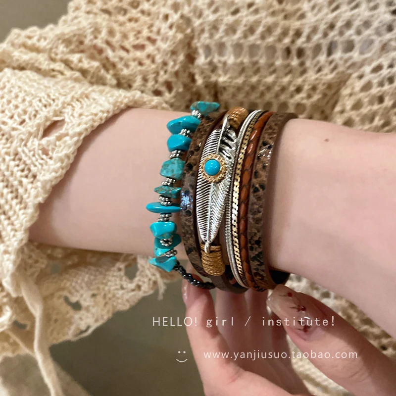 

HQ Богемия, винтажные многослойные кожаные плетеные веревочные браслеты для женщин, бирюзовый этнический браслет с перьями и бабочками, бусины, ювелирные изделия