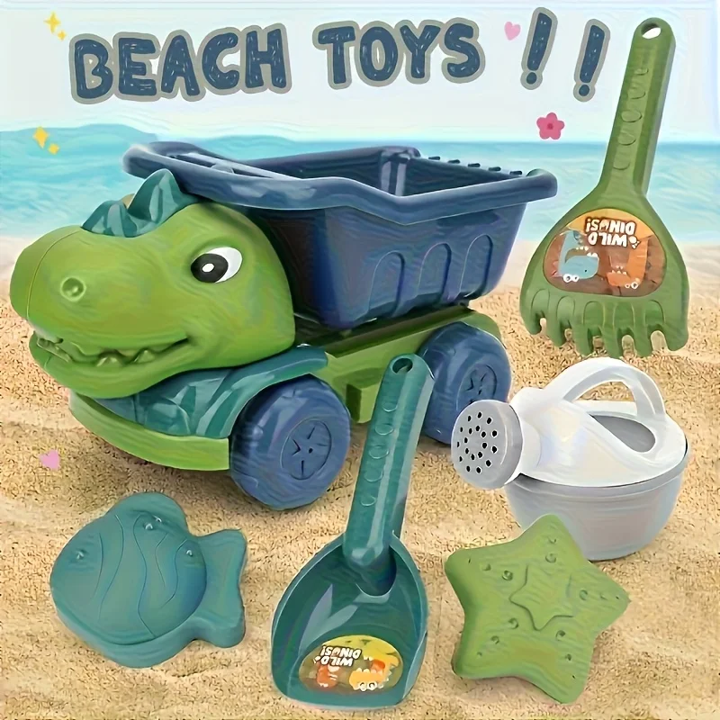 6-częściowy interaktywny zestaw zabawek plażowych, zestaw zabawek plażowych z łopatką i wózkiem w kształcie dinozaura. Zestaw narzędzi do zabawy w wodzie i kopania w piasku jest odpowiedni.